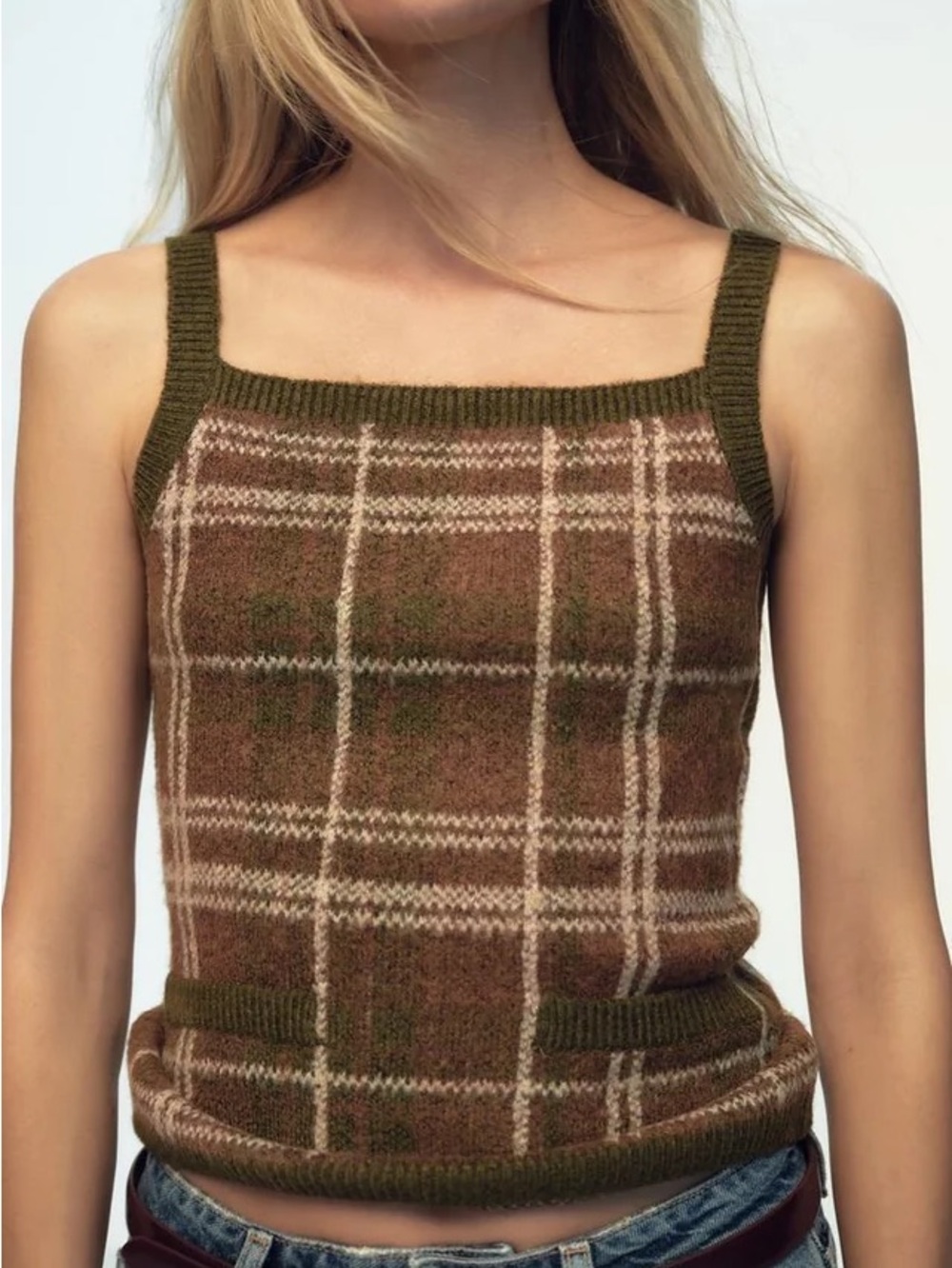 NWT Zara Green and Brown Plaid Top